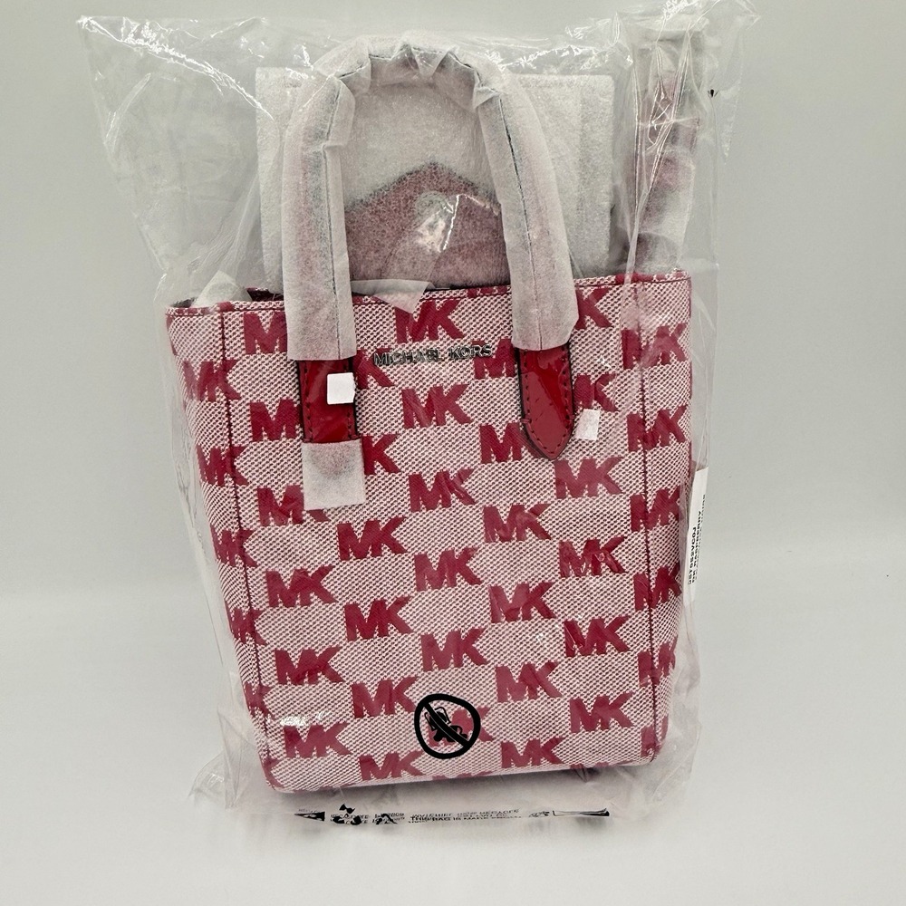 Michael Kors Vincent Extra Small Logo Jacquard Tote Bag Card Case Raspberry NWT - Picture 4 of 14
